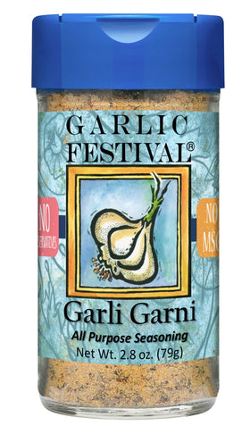 Garli Garni all-purpose seasoning jar ready for kitchen use.
