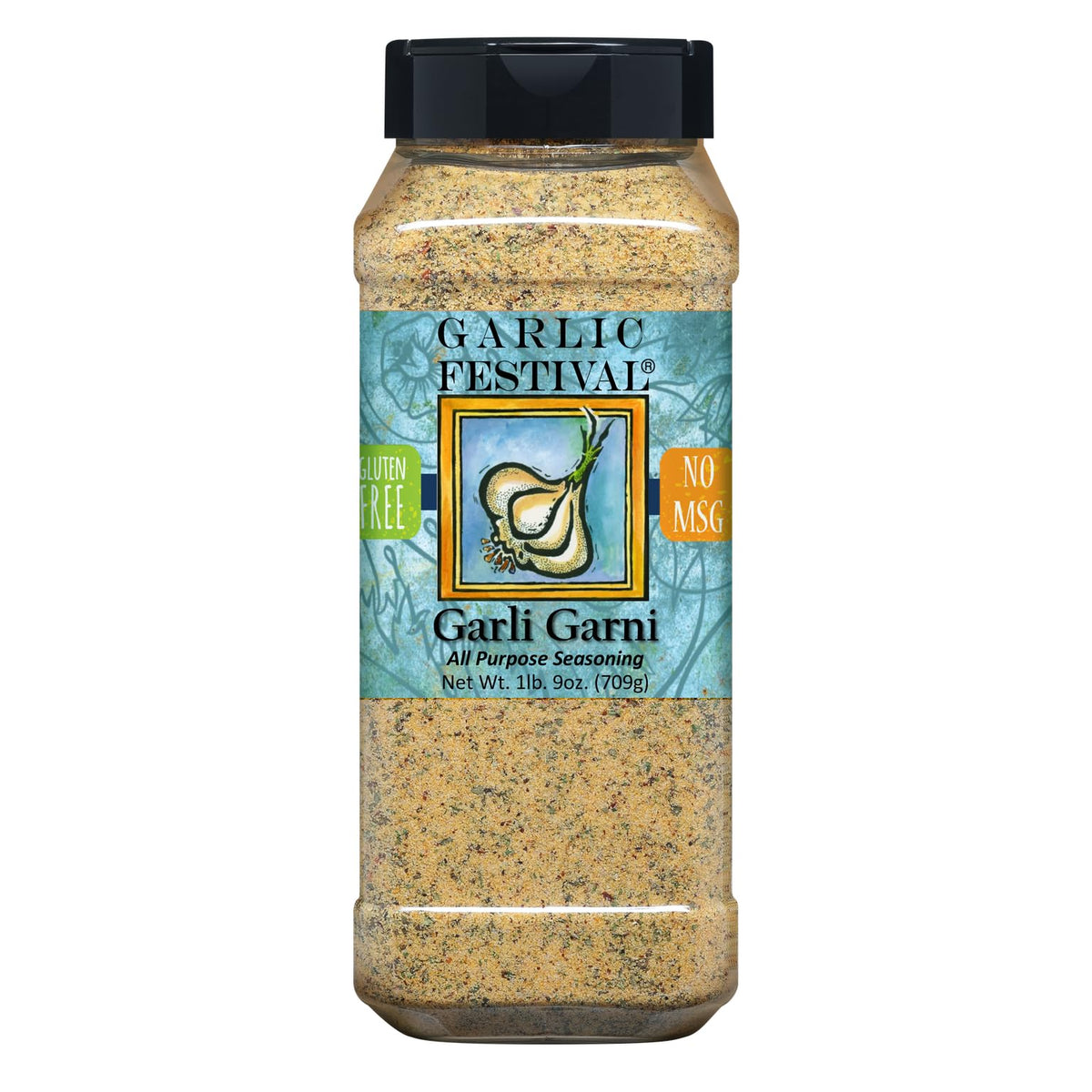 Garli Garni bottle pour showing versatile all-natural seasoning for meats