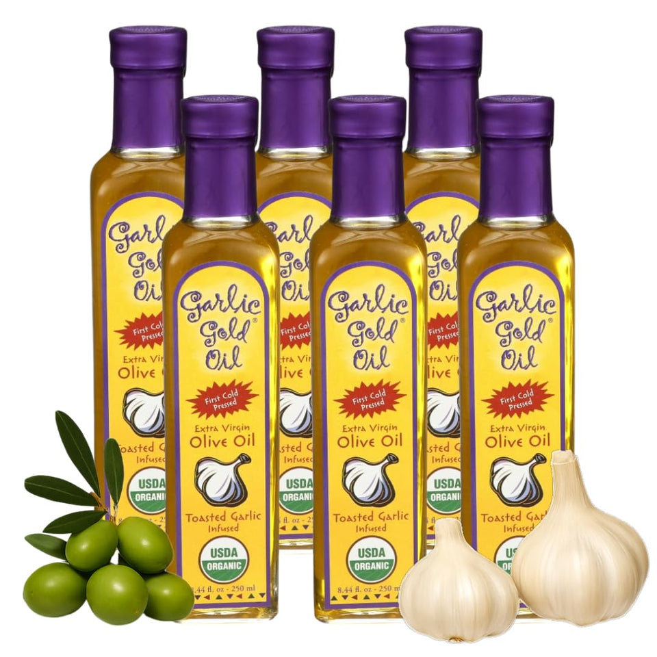 Garlic Gold garlic-infused olive oil bottle ready for gourmet cooking