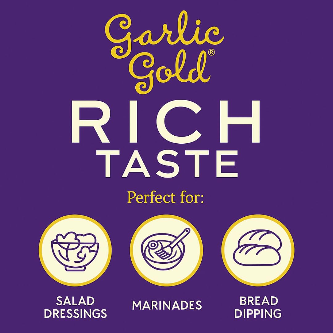 Garlic Gold cold-pressed olive oil in amber bottle preserves aroma