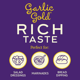 Garlic Gold cold-pressed olive oil in amber bottle preserves aroma