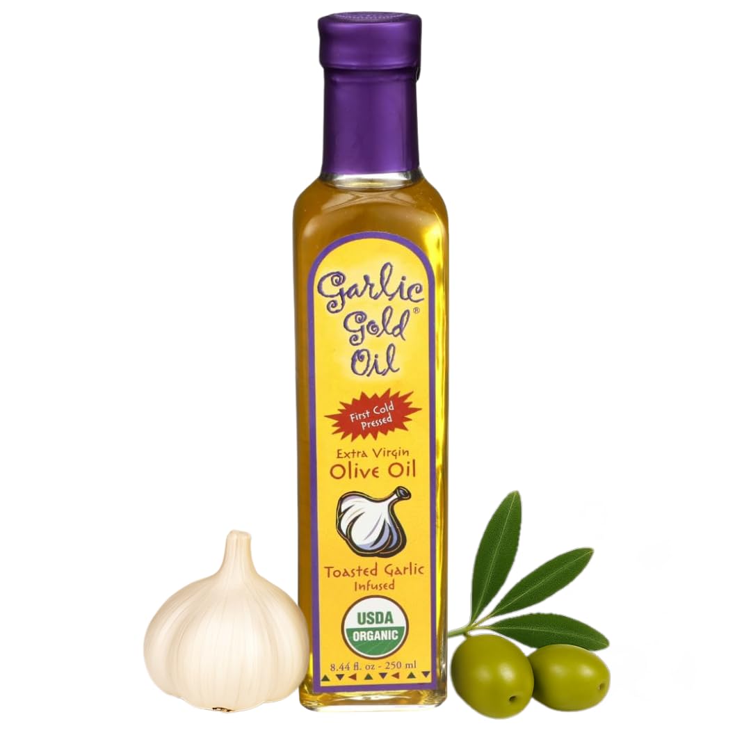 Garlic Gold EVOO bottle closeup highlighting garlic-infused flavor for cooking