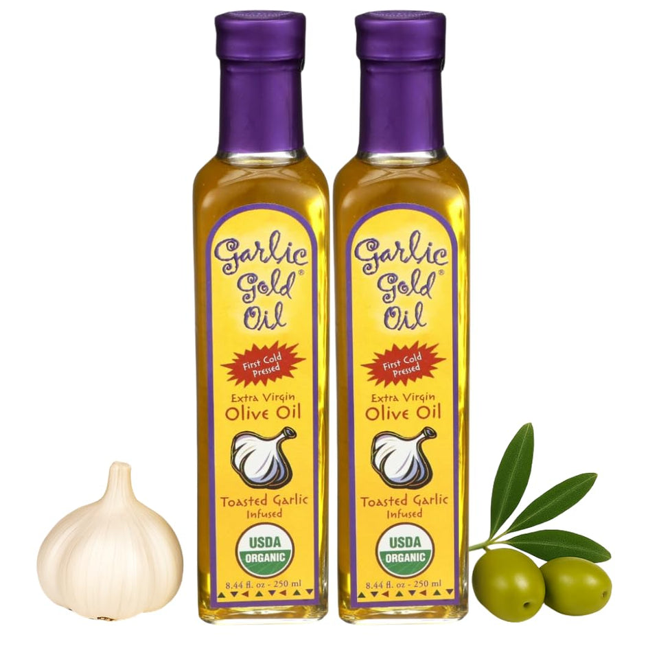 Garlic Gold infused olive oil bottle pouring garlic flavor for cooking