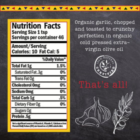 Garlic Gold organic garlic in olive oil highlights premium seasoning.