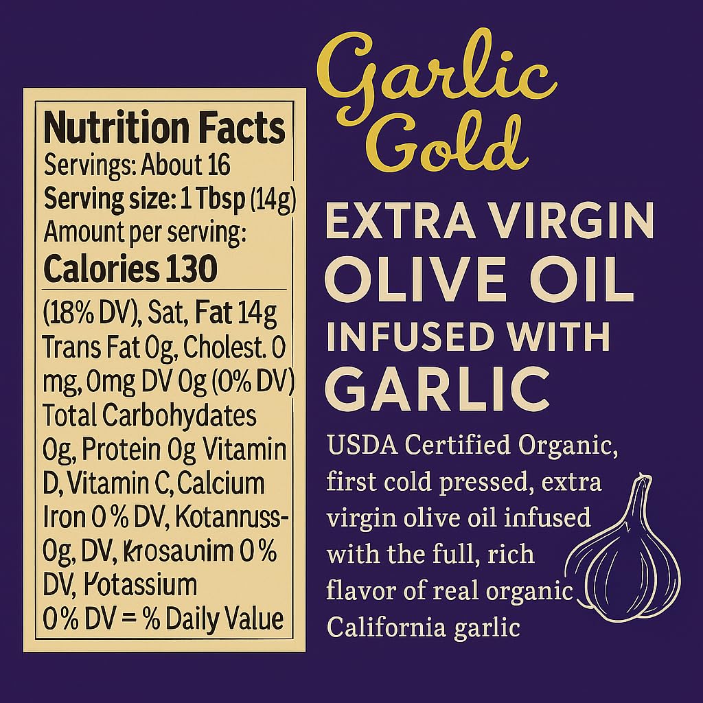 Garlic Gold organic olive oil bottle on glass jar highlights premium organic quality