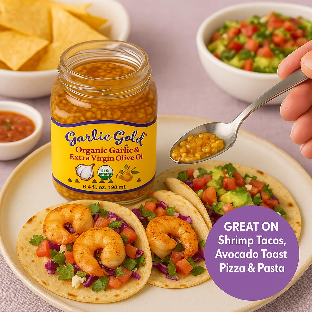Garlic Gold over greens enhances salads with aroma and texture.