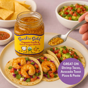 Garlic Gold over greens enhances salads with aroma and texture.