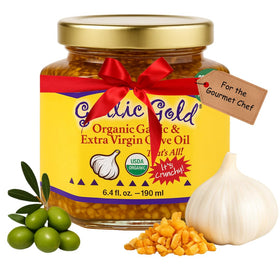 Garlic Gold toasted garlic granules in olive oil jar offers premium seasoning and crunch.