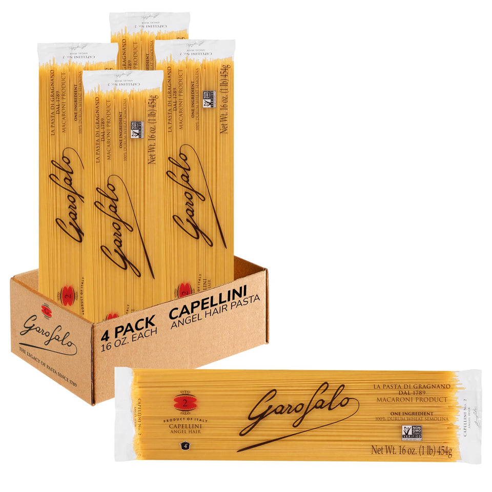 Garofalo capellini pack front shows premium angel hair pasta in a four-pack.