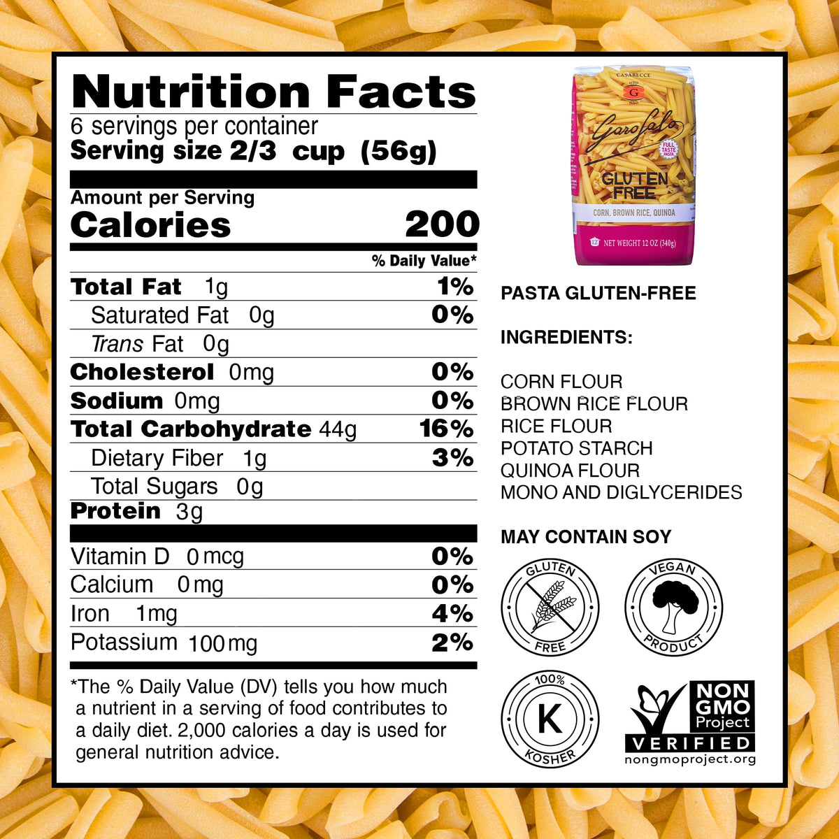 Garofalo gluten-free pasta blends corn, rice, and quinoa for rich flavor.