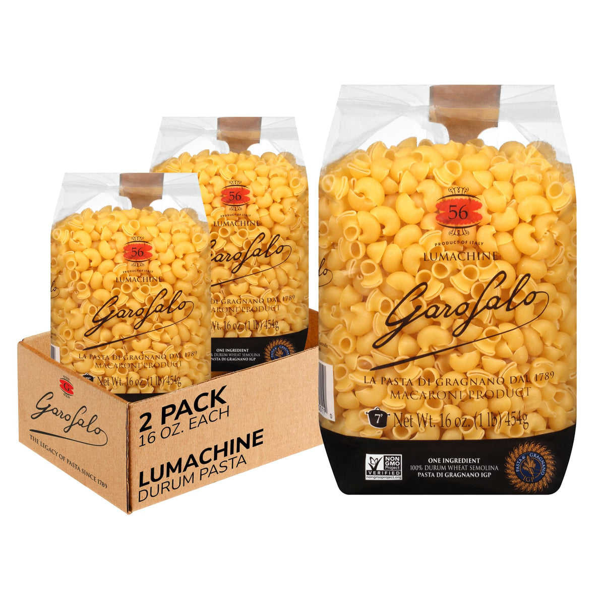 Garofalo Lumachine pack shot, ideal for hearty sauces.