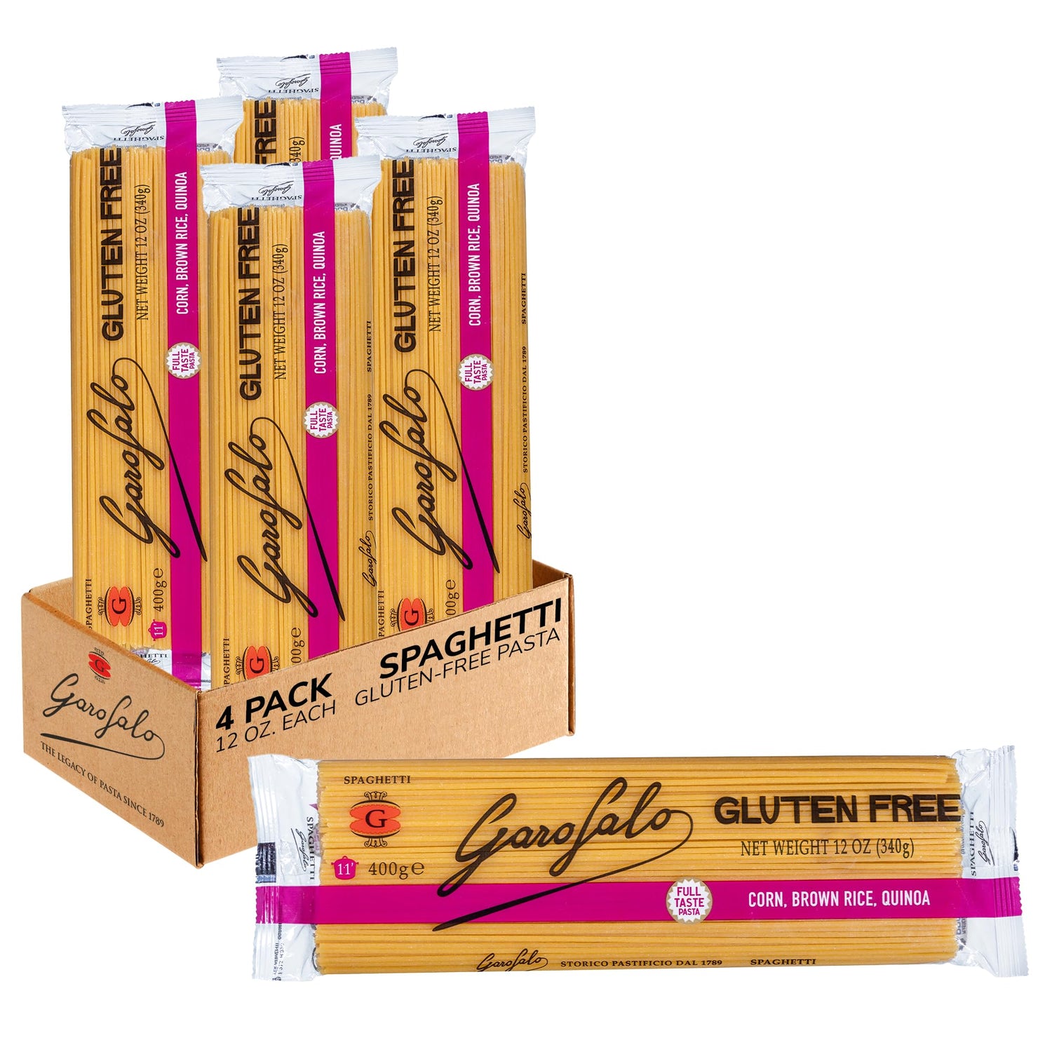 Garofalo premium gluten-free spaghetti pack highlighting authentic Italian craftsmanship and versatile weeknight pairing.