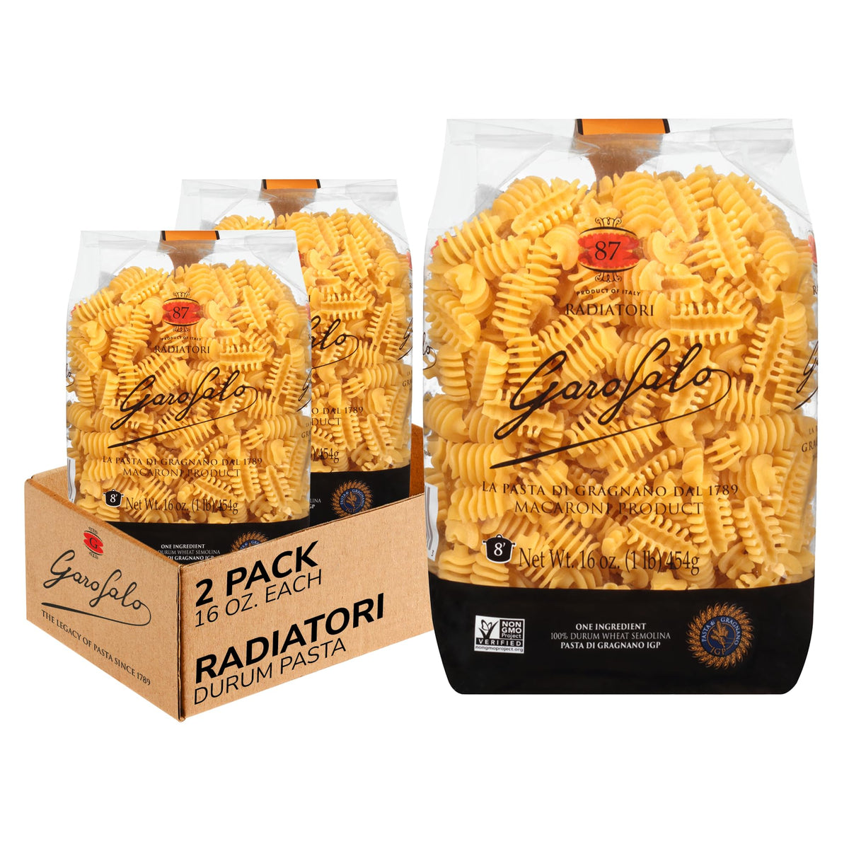 Garofalo Radiatori packaging showcases premium Italian pasta quality for home cooks.