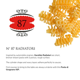 Garofalo radiatori rough surface grips sauce for rich bites.