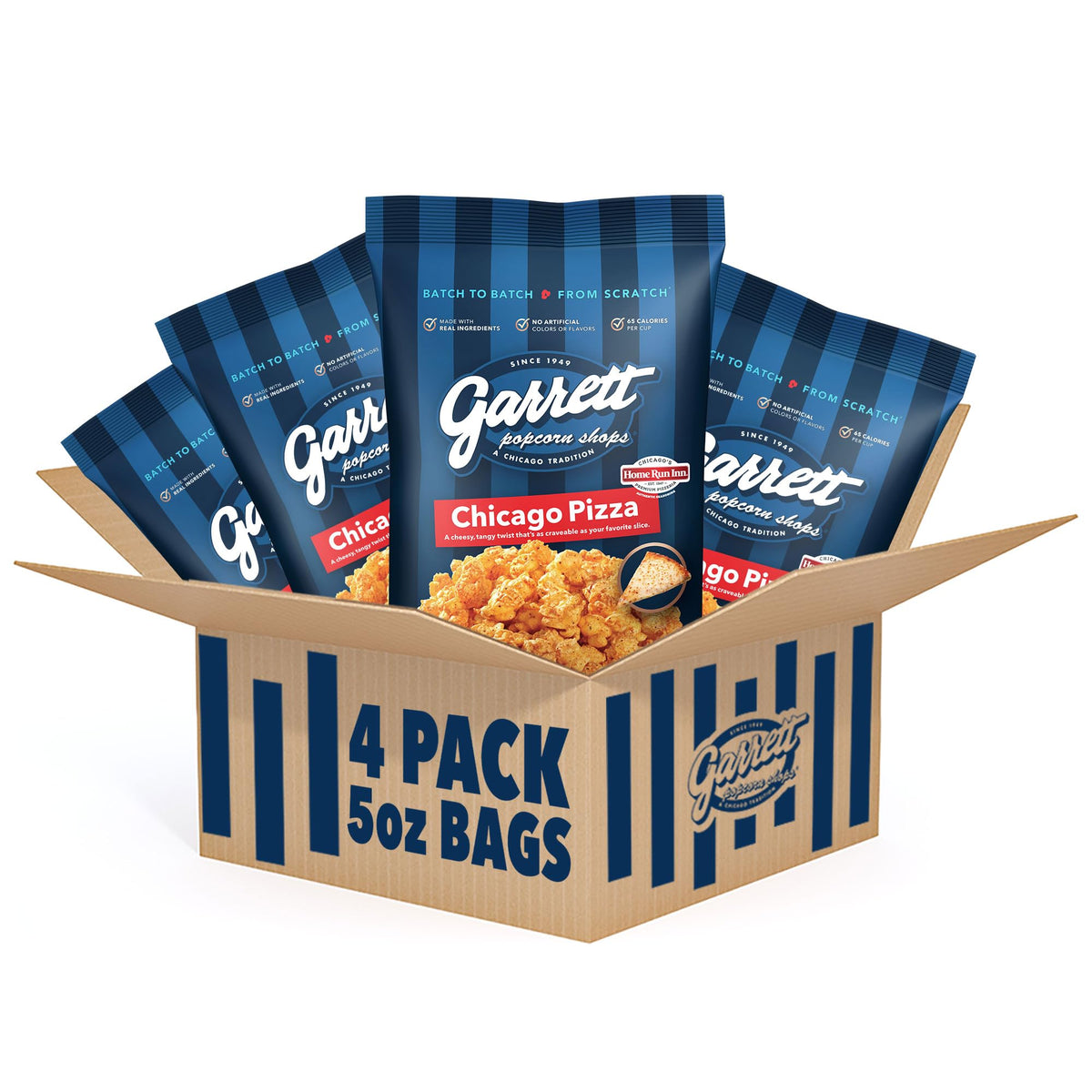 Garrett Popcorn Chicago Pizza four-bags front view highlights convenient, shareable savory snack.