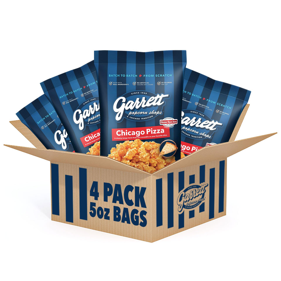 Garrett Popcorn Chicago Pizza four-bags front view highlights convenient, shareable savory snack.