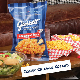 Garrett Popcorn Chicago Pizza packaging outer box ideal for gifting or pantry stocking.