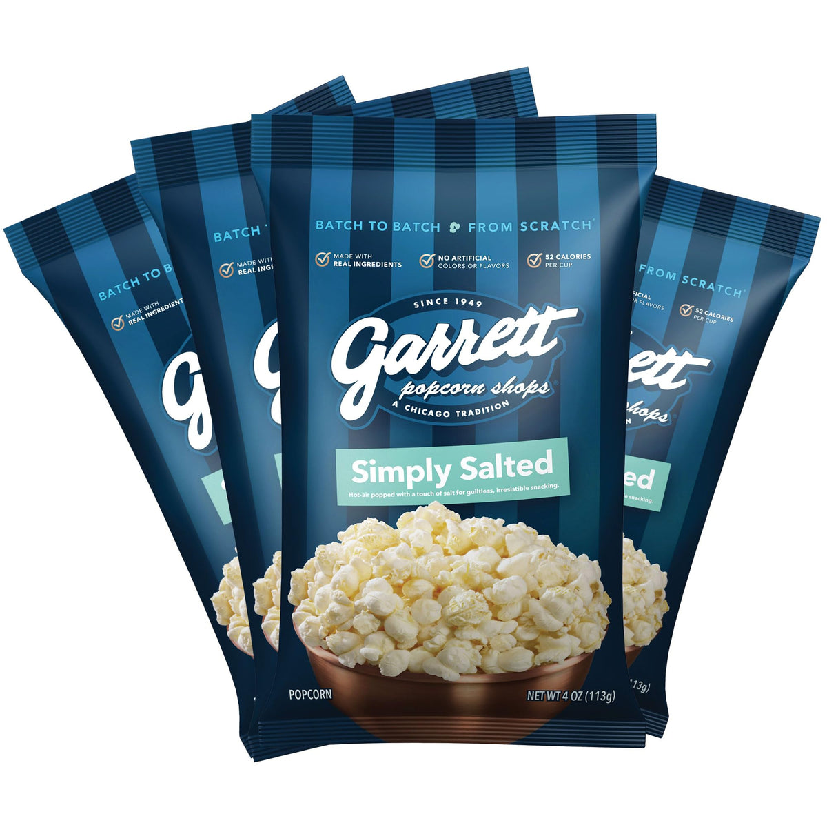 Garrett Popcorn Simply Salted 4-pack bags offer a light, shareable snack.