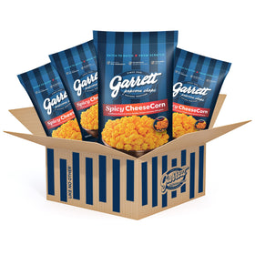 Garrett Popcorn Spicy CheeseCorn bag highlights bold cheddar and spicy kick for snacking.