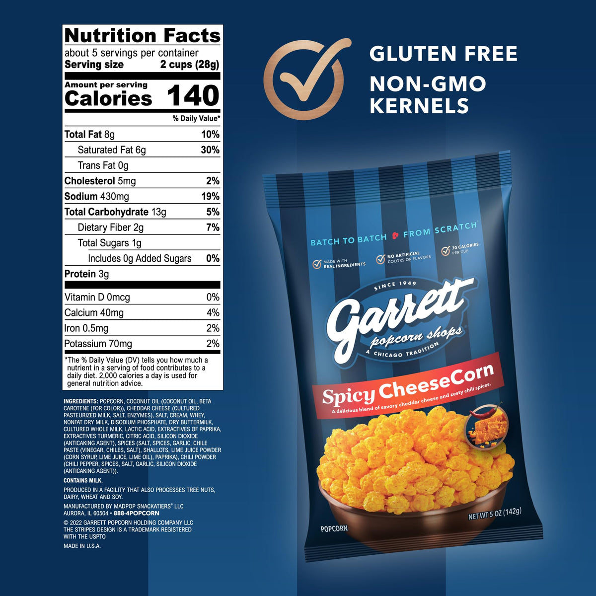Garrett Popcorn Spicy CheeseCorn closeup reveals glossy kernels and flavorful seasoning.