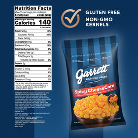 Garrett Popcorn Spicy CheeseCorn closeup reveals glossy kernels and flavorful seasoning.