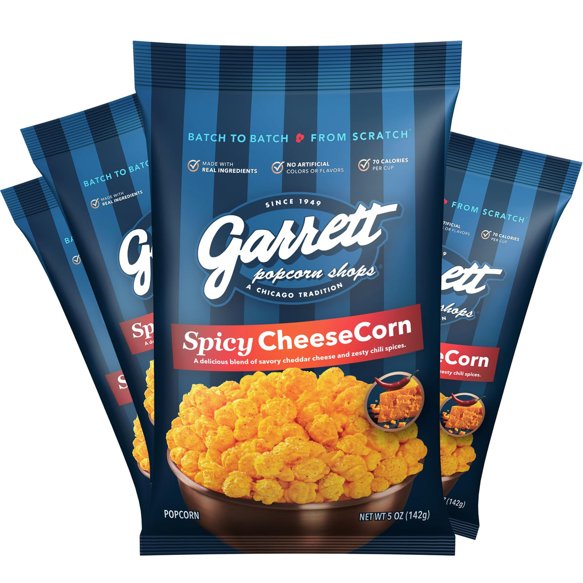 Garrett Popcorn Spicy CheeseCorn packaging front showcases authentic Chicago gourmet snack.
