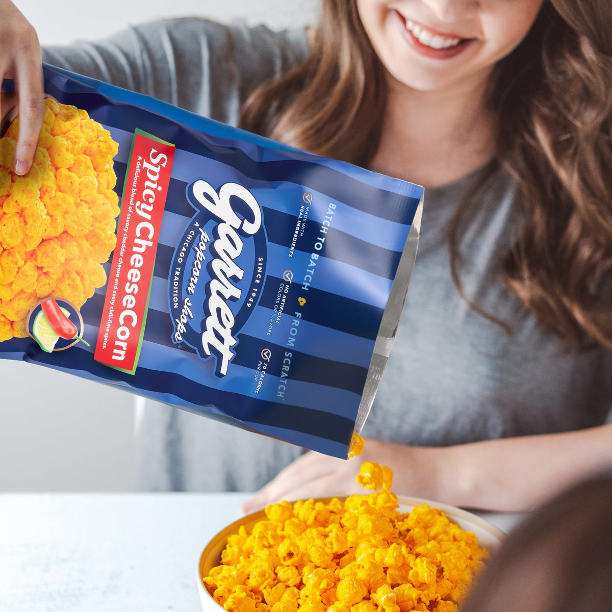 Garrett Popcorn Spicy CheeseCorn snack setup invites tasting and sharing.