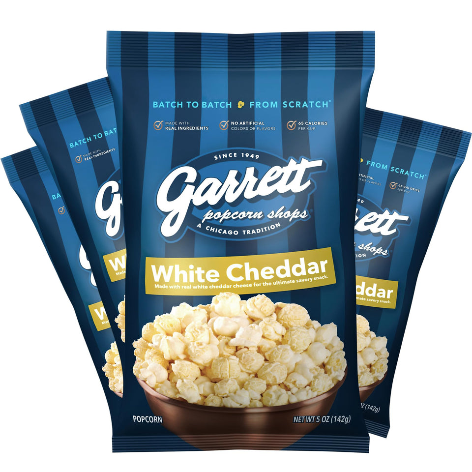 Garrett Popcorn White Cheddar four-bag package, ideal for sharing.