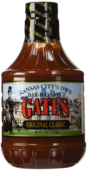 Gates Original Bar-B-Q Sauce bottle close-up for rich grilling glaze.