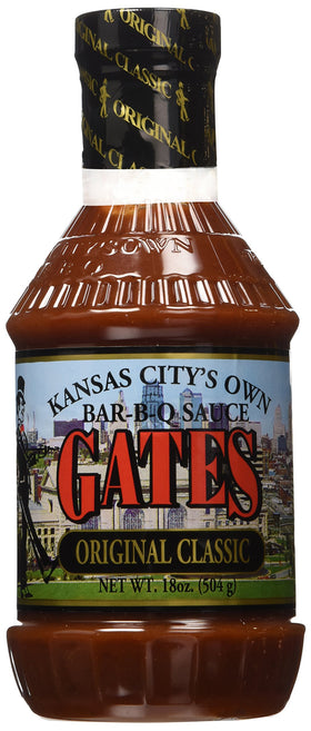 Gates Original Classic Bar-B-Q Sauce bottle on a kitchen counter, great for grilling and marinades.