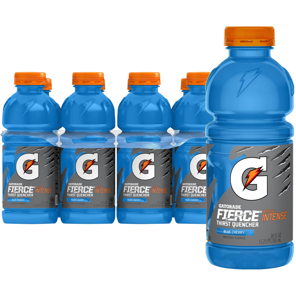 Gatorade Fierce Blue Cherry bottle front view for workout hydration.