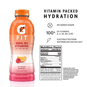 Close-up of Gatorade Fit label highlighting no added sugar and Stevia sweetening