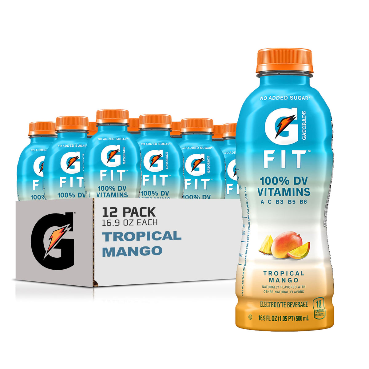 Gatorade Fit Tropical Mango 12-pack bottle display for active hydration.