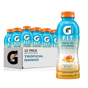 Gatorade Fit Tropical Mango 12-pack bottle display for active hydration.