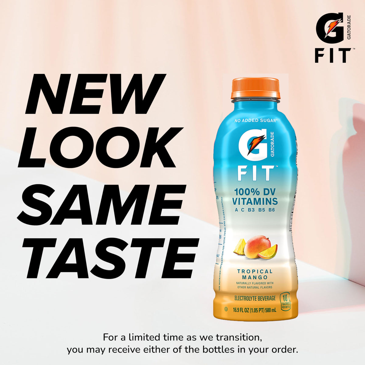 Gatorade Fit Tropical Mango bottle close-up showing flavor and branding.