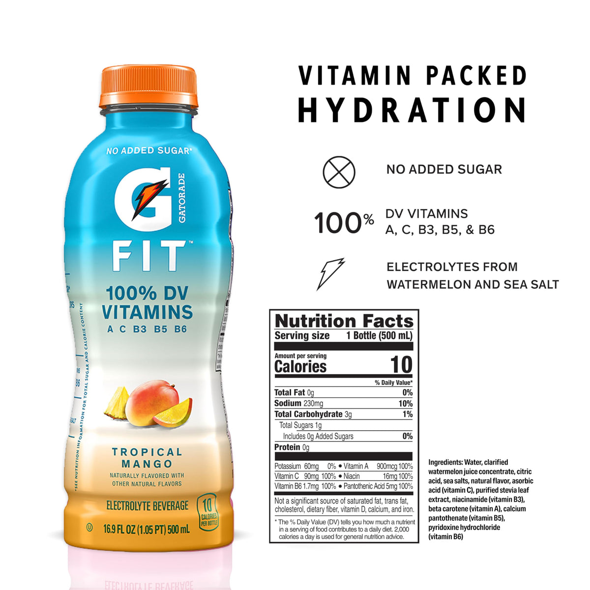 Gatorade Fit Tropical Mango bottle pour to illustrate real hydration on the go.