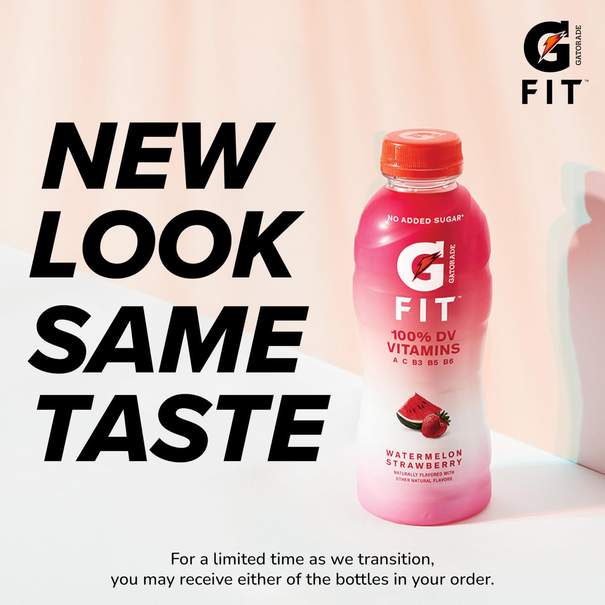 Gatorade Fit watermelon strawberry bottle highlighting real hydration without artificial flavors.