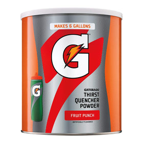 Gatorade Fruit Punch powder canister front label for on-the-go hydration.