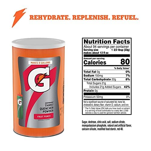 Gatorade Fruit Punch powder ingredient panel highlighting electrolytes and carbs