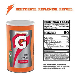 Gatorade Fruit Punch powder ingredient panel highlighting electrolytes and carbs