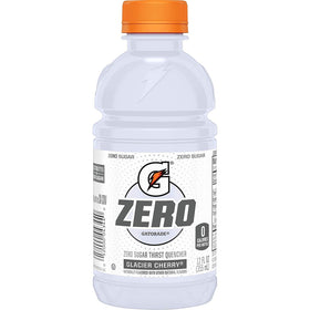 Gatorade G Zero Glacier Cherry bottle close-up, zero sugar hydration for workouts.