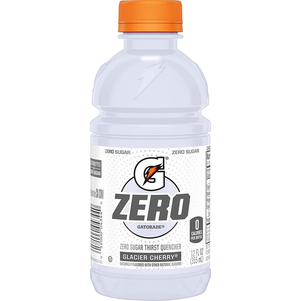 Gatorade G Zero Glacier Cherry bottle close-up, zero sugar hydration for workouts.
