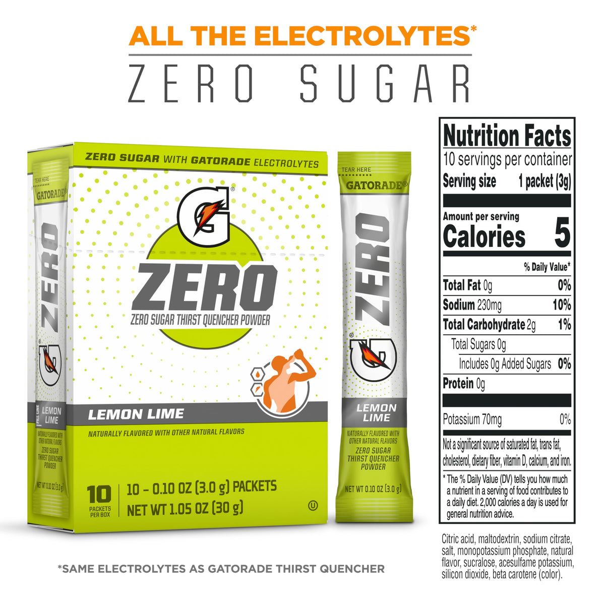 Gatorade G Zero Lemon Lime box with 120 packets for easy fueling.