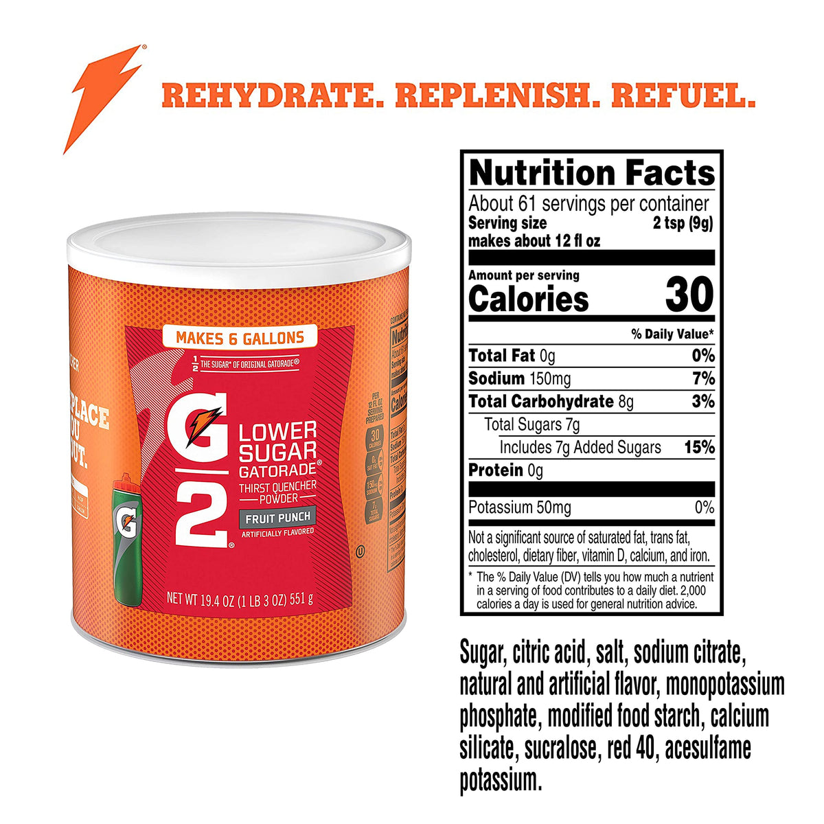 Gatorade G2 Fruit Punch powder close-up shows vibrant color