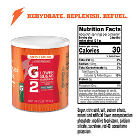 Gatorade G2 Fruit Punch powder close-up shows vibrant color