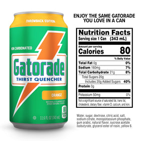 Gatorade orange label shows calories and electrolyte information for the drink.