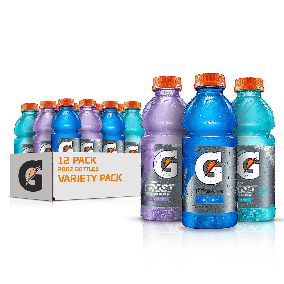 Gatorade Original Thirst Quencher 3 Flavor Frost Variety Pack front view, ideal for quick electrolyte replacement during games.