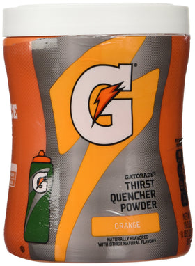 Gatorade powder orange canister on shelf, convenient hydration for workouts.