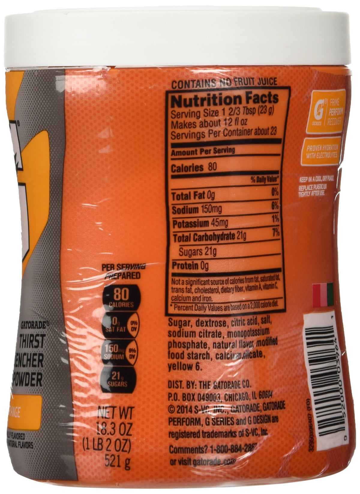 Gatorade powder orange label closeup emphasizing electrolyte blend for athletes.