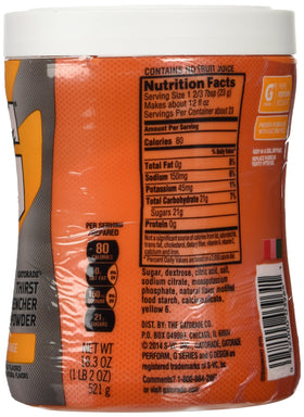 Gatorade powder orange label closeup emphasizing electrolyte blend for athletes.